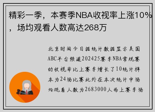 精彩一季，本赛季NBA收视率上涨10%，场均观看人数高达268万